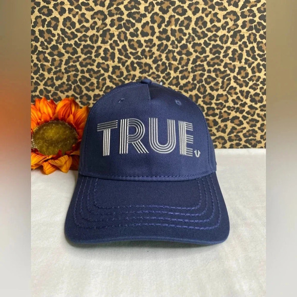 🦋B2G1🦋TRUE RELIGION Ace Blue TRUE Adjustable Baseball Hat | OSFA | - Picture 1 of 7